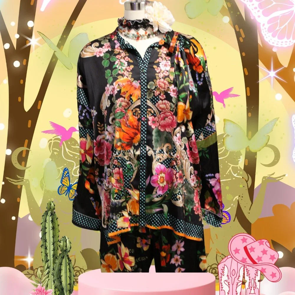 Johnny Was Long Sleeve Pj Set Pocca Floral Home Lounge Pajama New - Picture 3 of 5